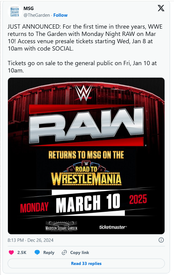 MSG announces WWE Raw returns for the first time in three years